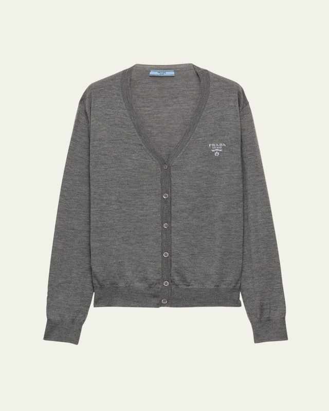 Logo Intarsia V-Neck Superfine Cashmere Cardigan